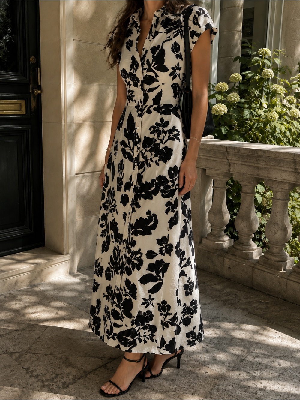Elegant Black & White Floral Midi Dress